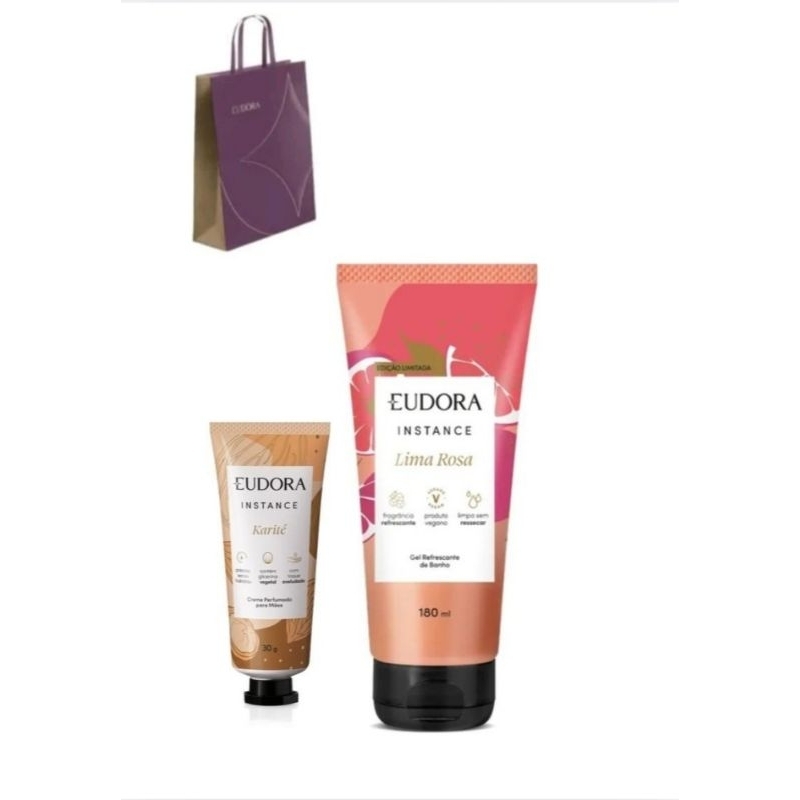 presente eudora frutas vermelhas ;gel refrescante de banho 180 ml + creme para mão 30g +sacola