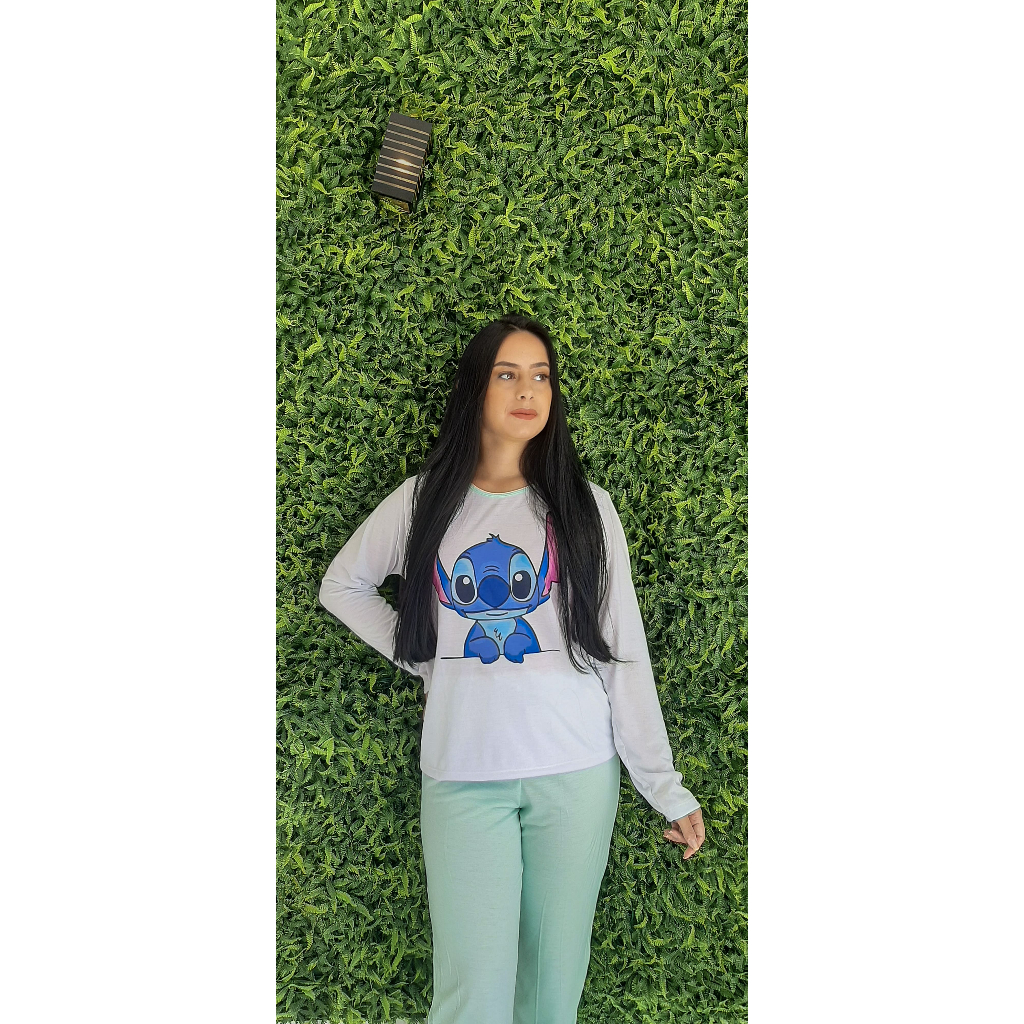 Pijama Feminino Adulto Stitch Inverno Manga Longa De Frio
