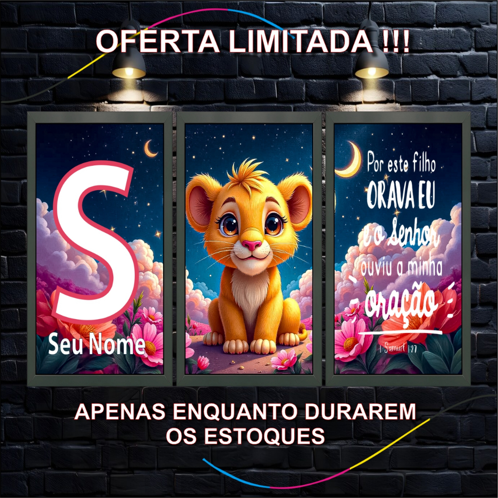 Quadros Decorativos Infantis, Menina, Leãozinho(a) Noturno, 3 Peças, Personalizado, Com nome, leoa