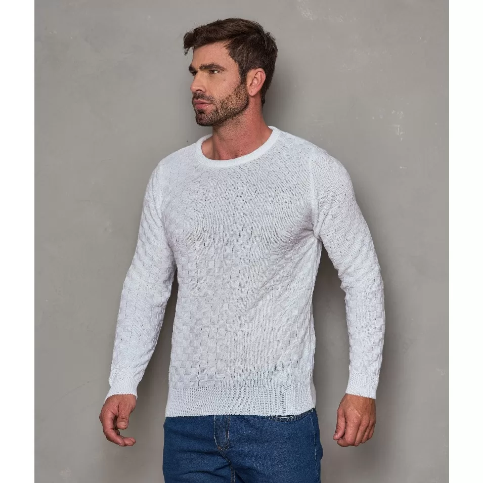 Suéter Lã Tricô Xadrez Blusa de Frio Masculina Manga Longa Social Casual Gola Redonda Lisa Malha