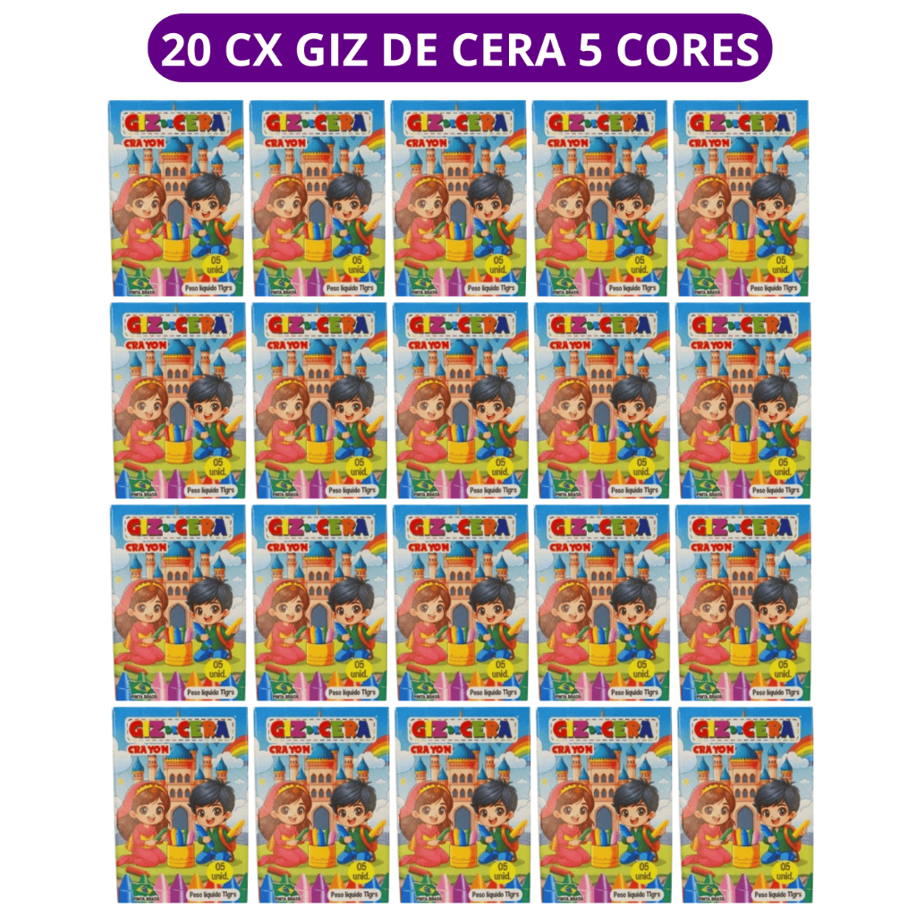 20 cx Mini Giz de Cera 5 Cores P/ Kit Festa Lembrancinha Artesanato Infantil