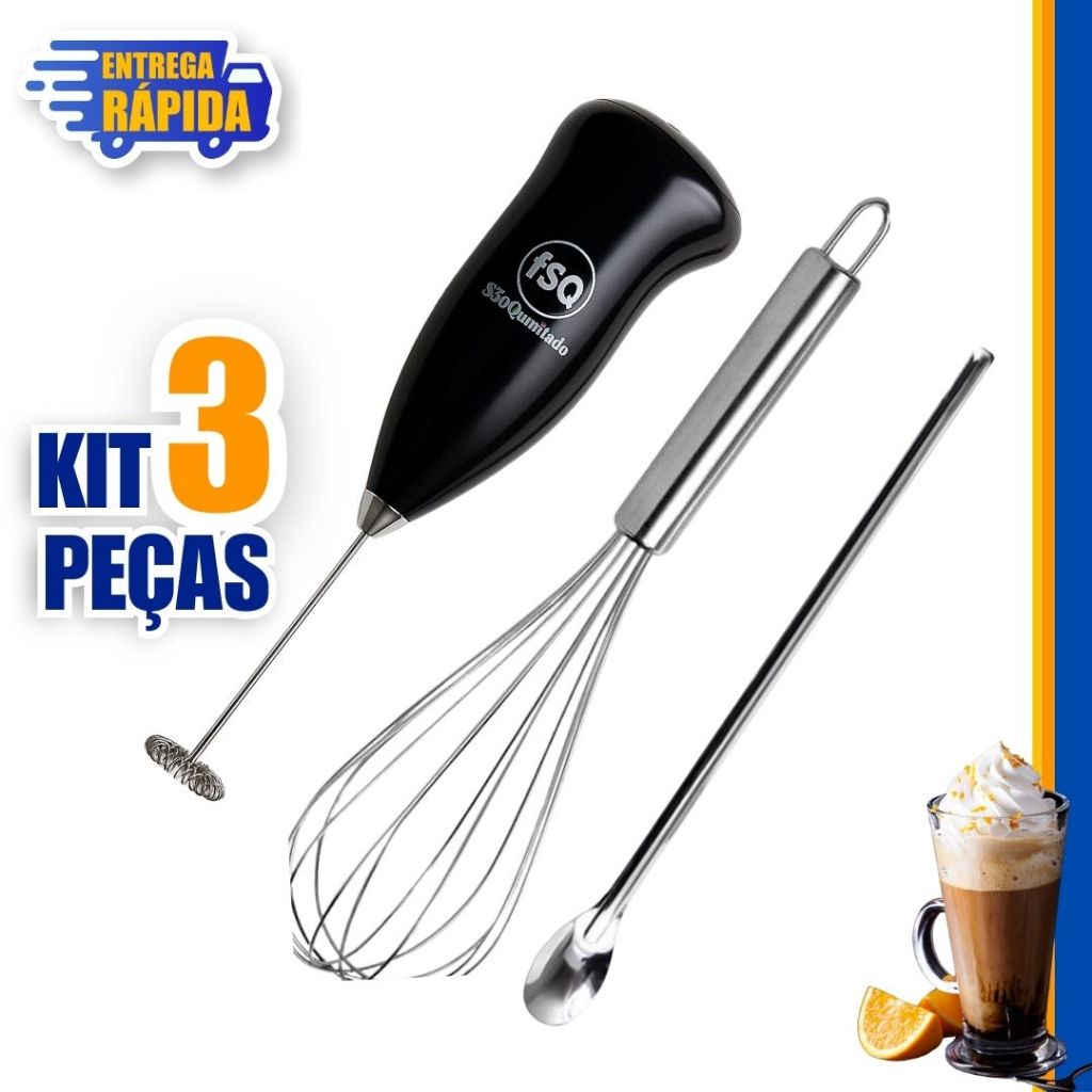 3 peças Misturador Mini Mixer Elétrico Batedor Inox Café bebidas Milk Shake, 1 Fue colher de 30cm