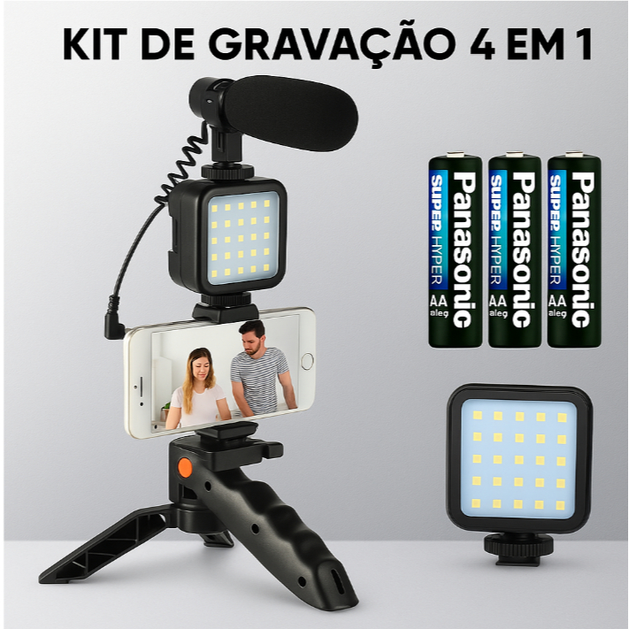 Kit de Gravação 4 em 1 com Tripé Microfone Led 