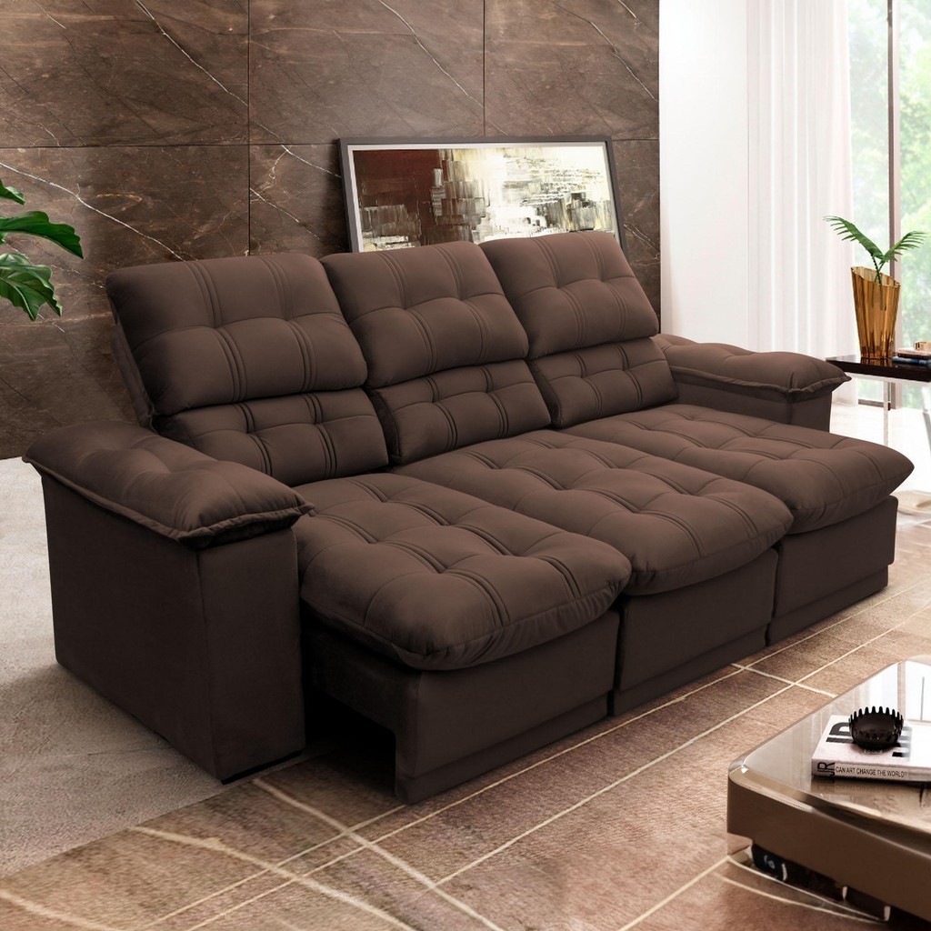 Sofá Retrátil Reclinável Atenas 2,30m Suede Velut Marrom c/ Molas no Assento – King House