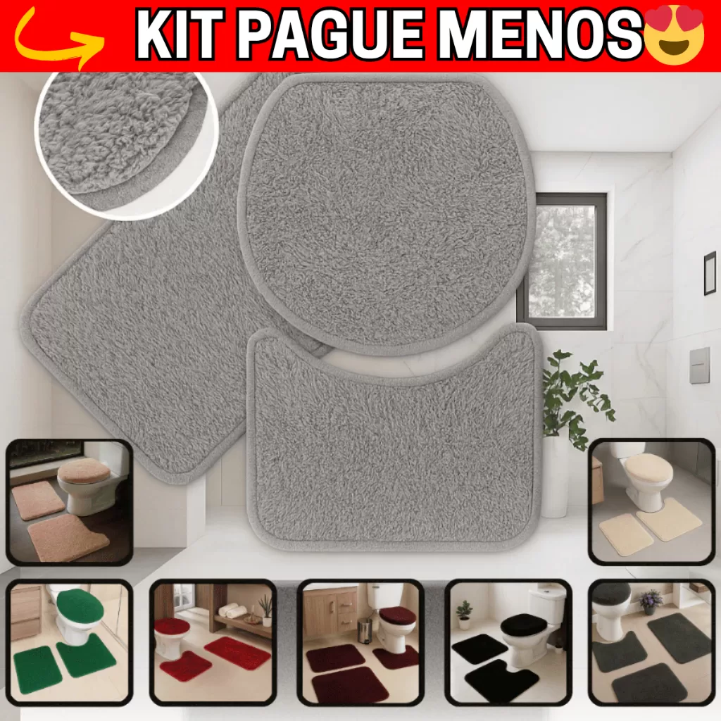 Tapete para Banheiro 3 Peças Pelúcia Algodão Macio Antiderrapante Rosa Preto Marfim Branco Cinza