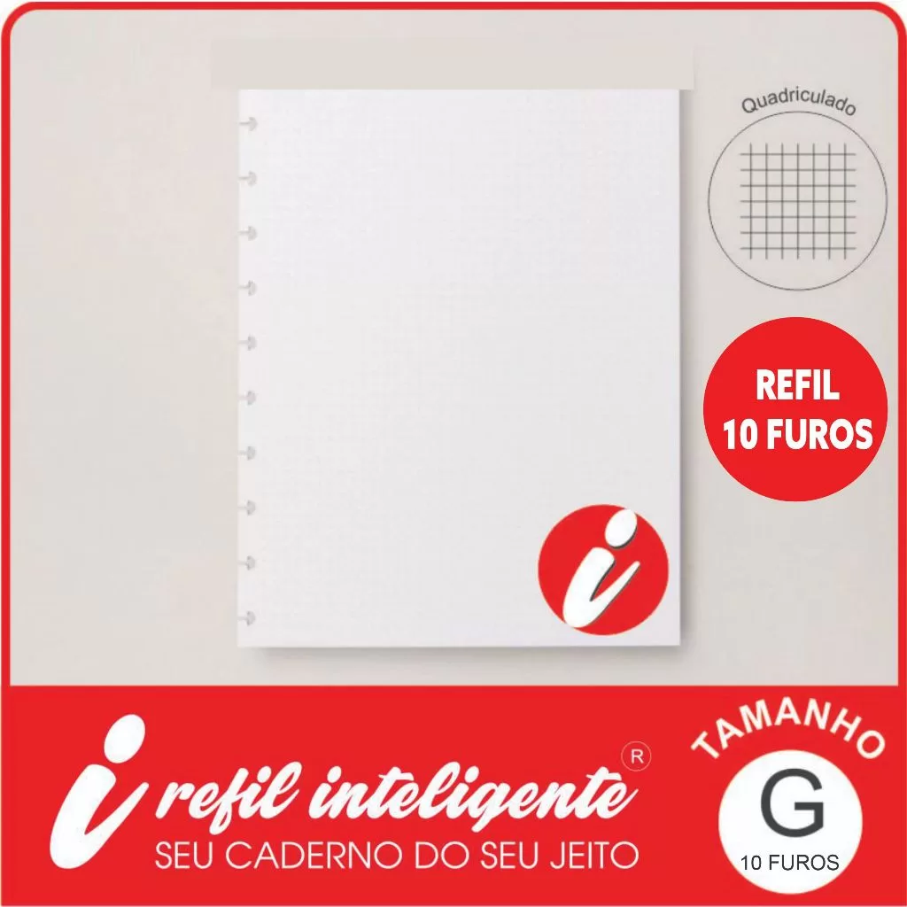 Refil Inteligente Grande Quadriculada 19x25cm com 10 Furos Folhas com 90g para caderno de discos