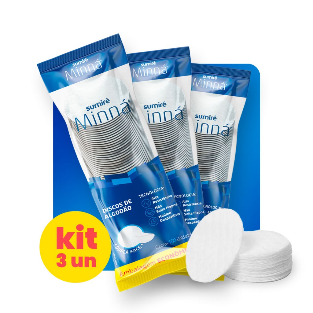 Algodão Minná Discos Pacote com 100 unidades cada kit 3 unidades 300 discos – Algodão de Limpeza Fac
