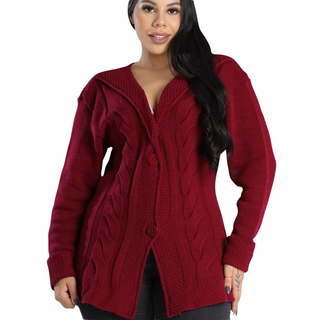 Cardigan Tricô Lã Manga Longa Outono Inverno Feminino