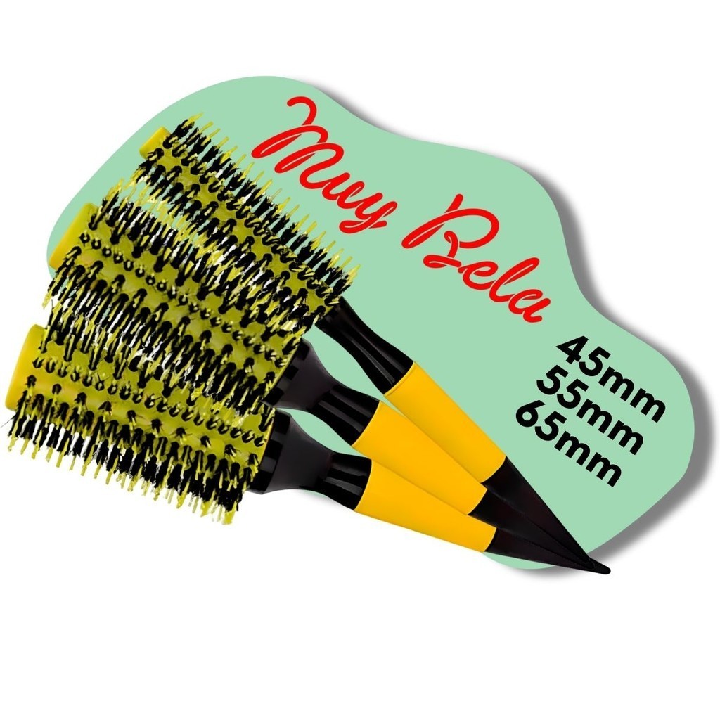 (Kit – 3un) Escova Redonda Profissional Cerdas Javali Nylon 50 | 55 | 65 mm