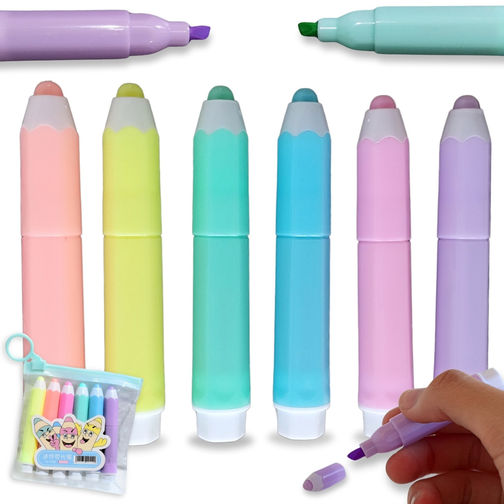 Kit 6 Caneta Marca Texto Divertida Marcador Colorido Ponta Chanfrada