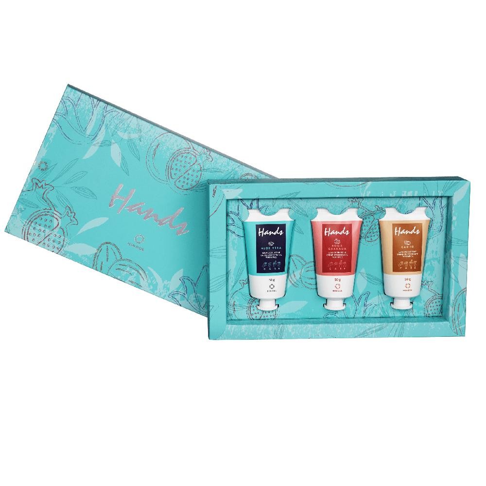 Kit Miniaturas Luva de Silicone Hands 3 Cremes Aloe Vera, Karité e Romã 50g  Hinode
