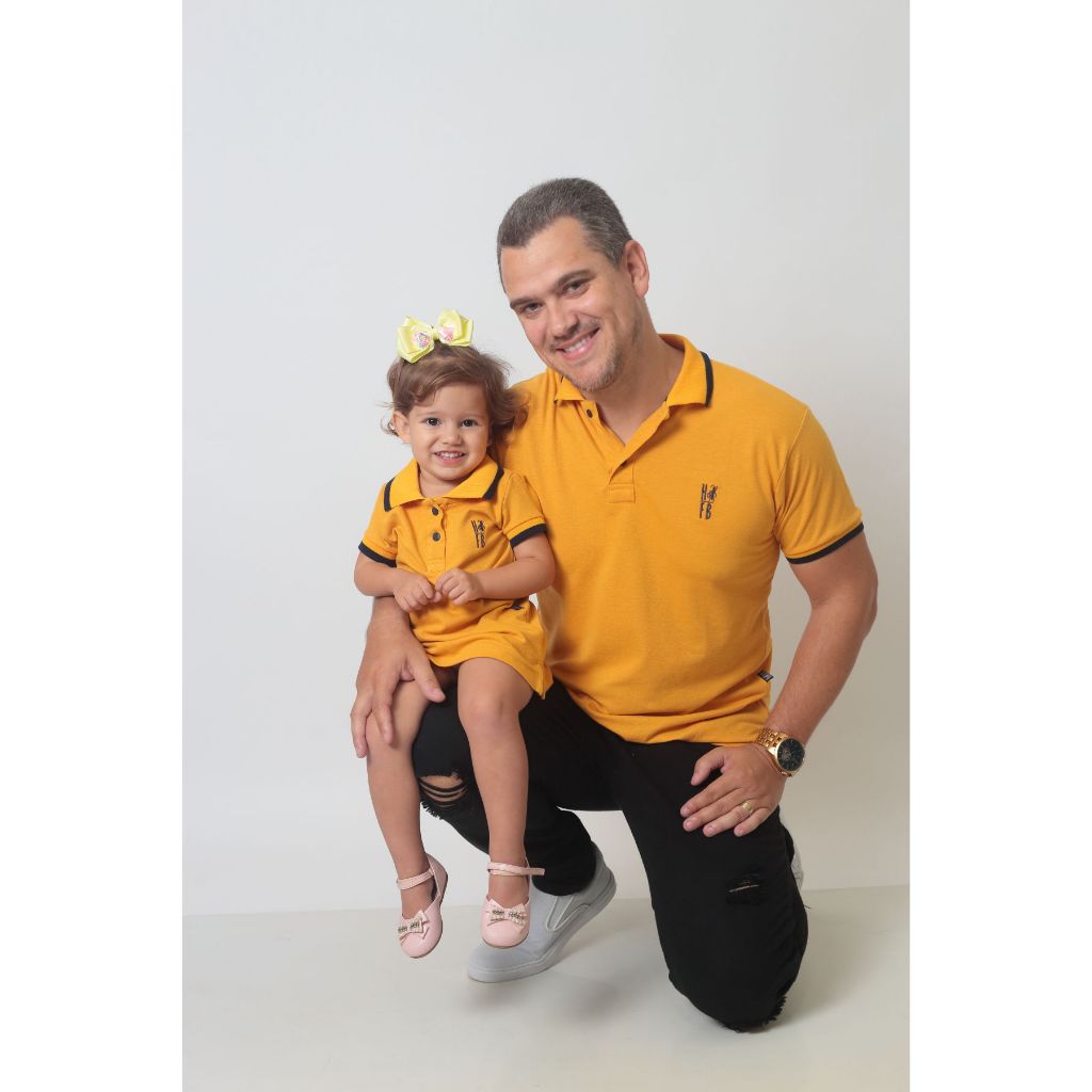 Kit pai e filha mostarda camisa e vestido