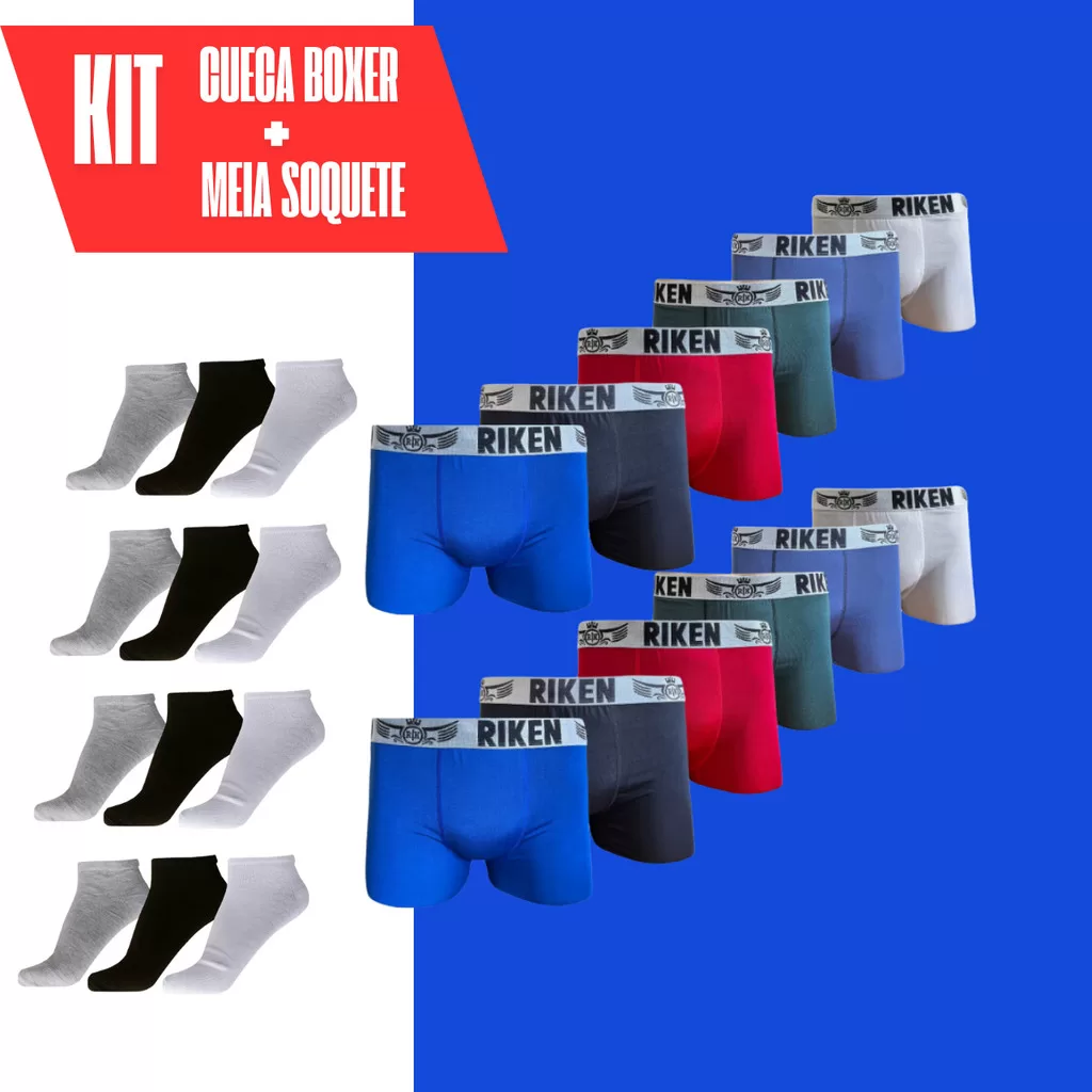 Kit Cuecas Boxer Masculino Adulto 10 Unidades + 12 Pares Meias Soquete 100% Algodão