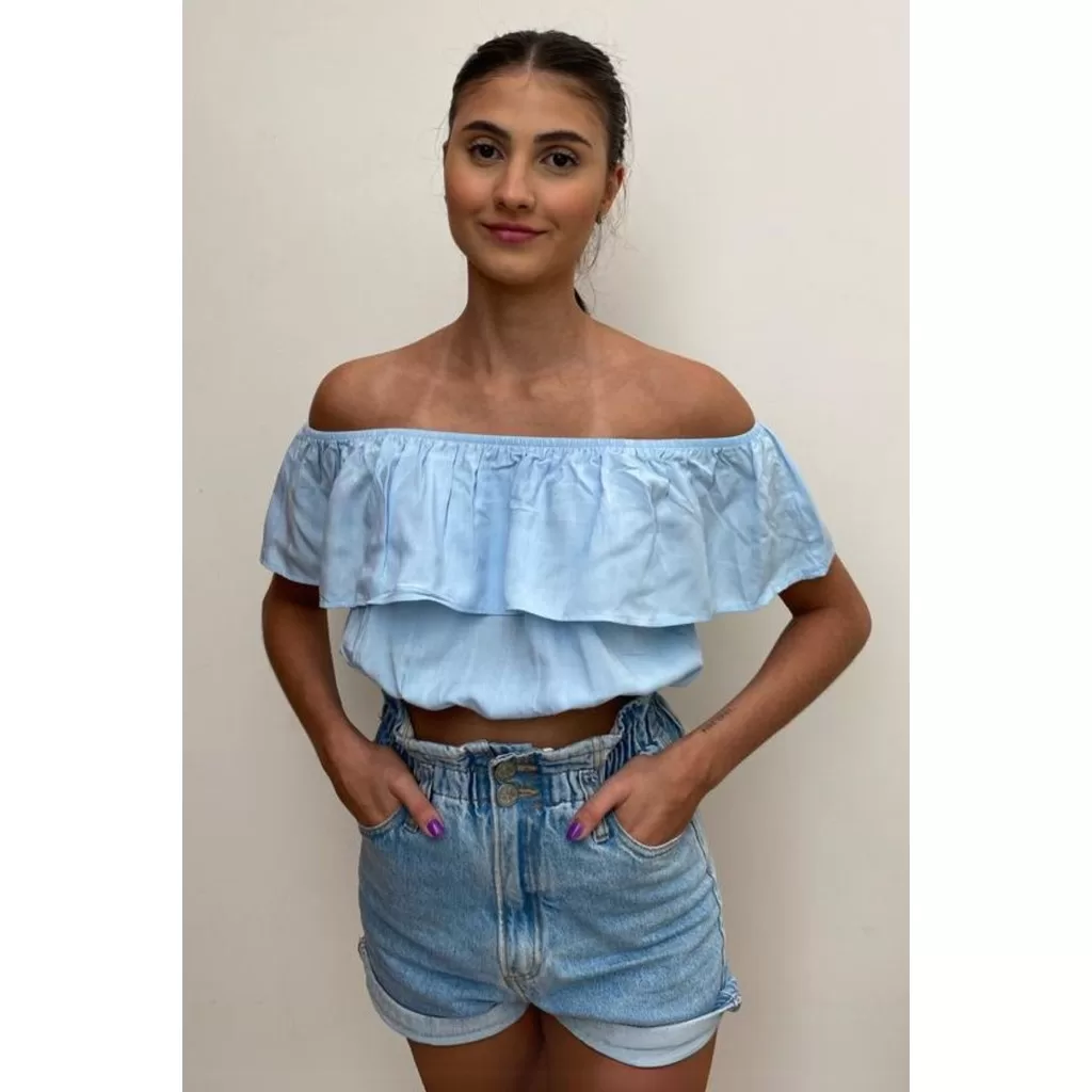 Blusa Cropped Ciganinha em Viscose Azul Claro
