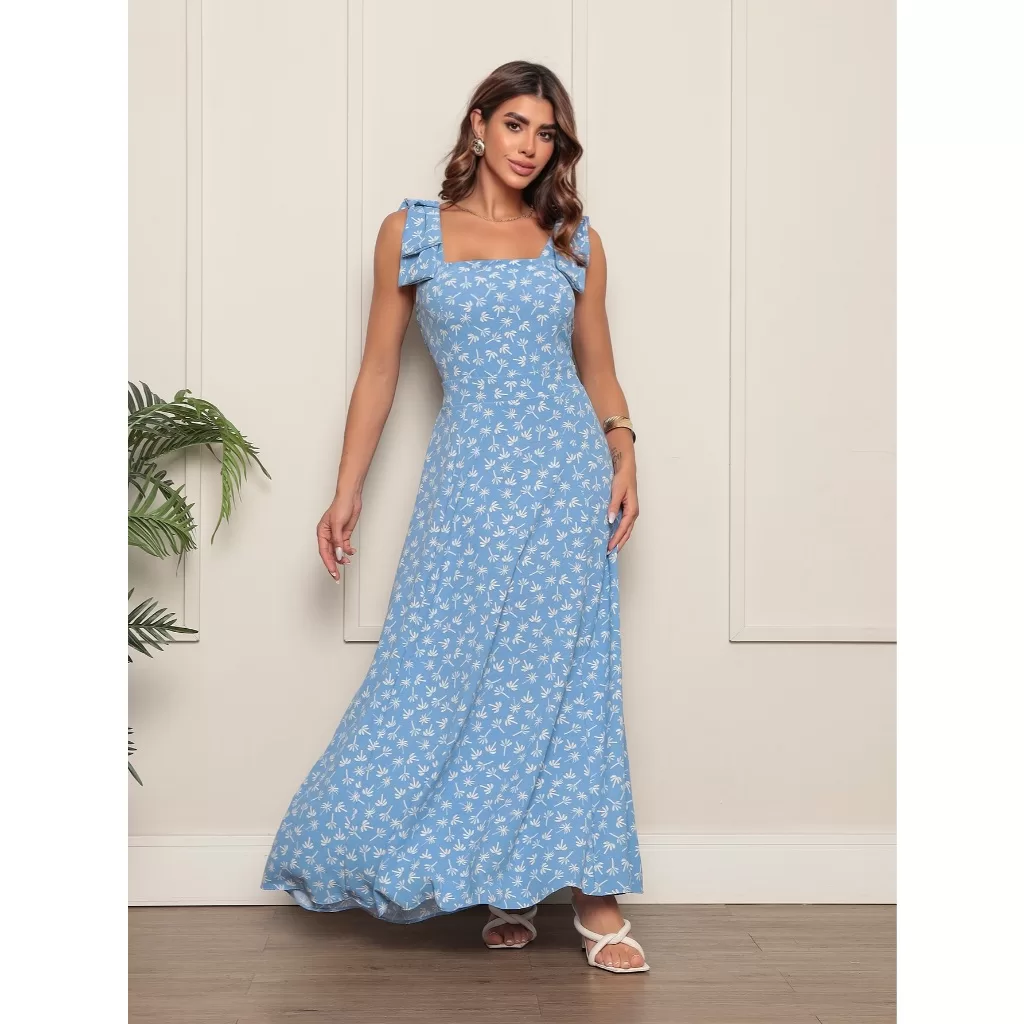 Vestido Feminino Longo Elegante Com Laços No Ombro Estampas Tropicais Decote Quadrado Para Todas As