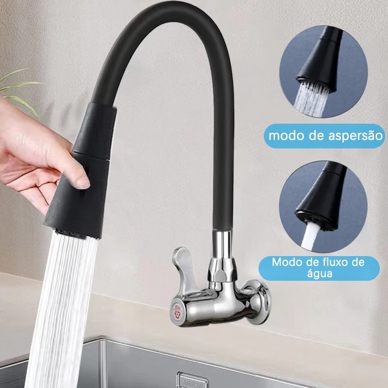 haosin Torneira cozinha parede preta/Prateado flexível Duplo Jato Cone 1/4 de Volta