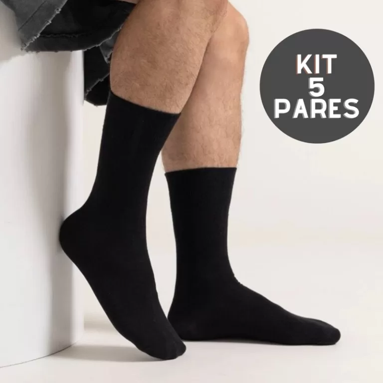 Kit 5 Pares de Meia Adulta Preta Lisa Cano Longo M