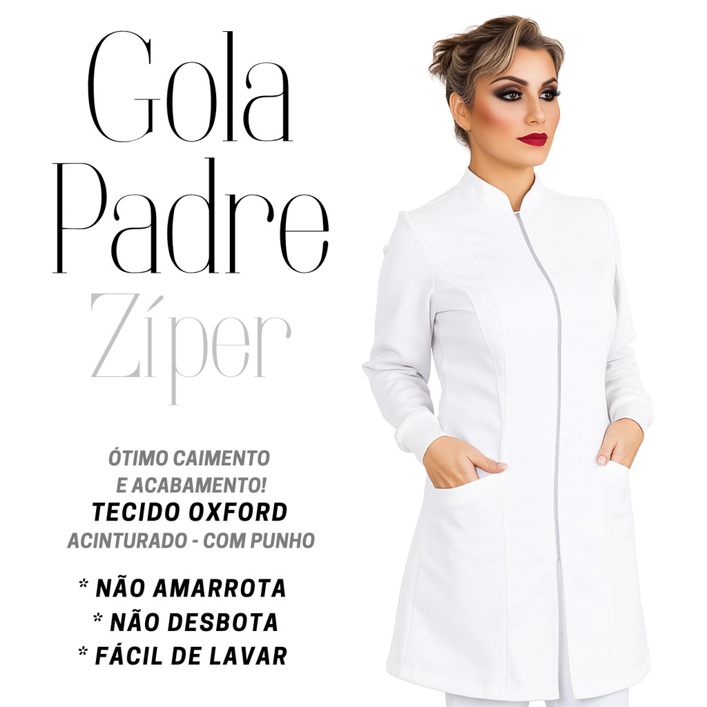 JALECO FLZ Feminino Acinturado Gola Padre Ziper Oxford Branco Preto Rosa Pronta Premium