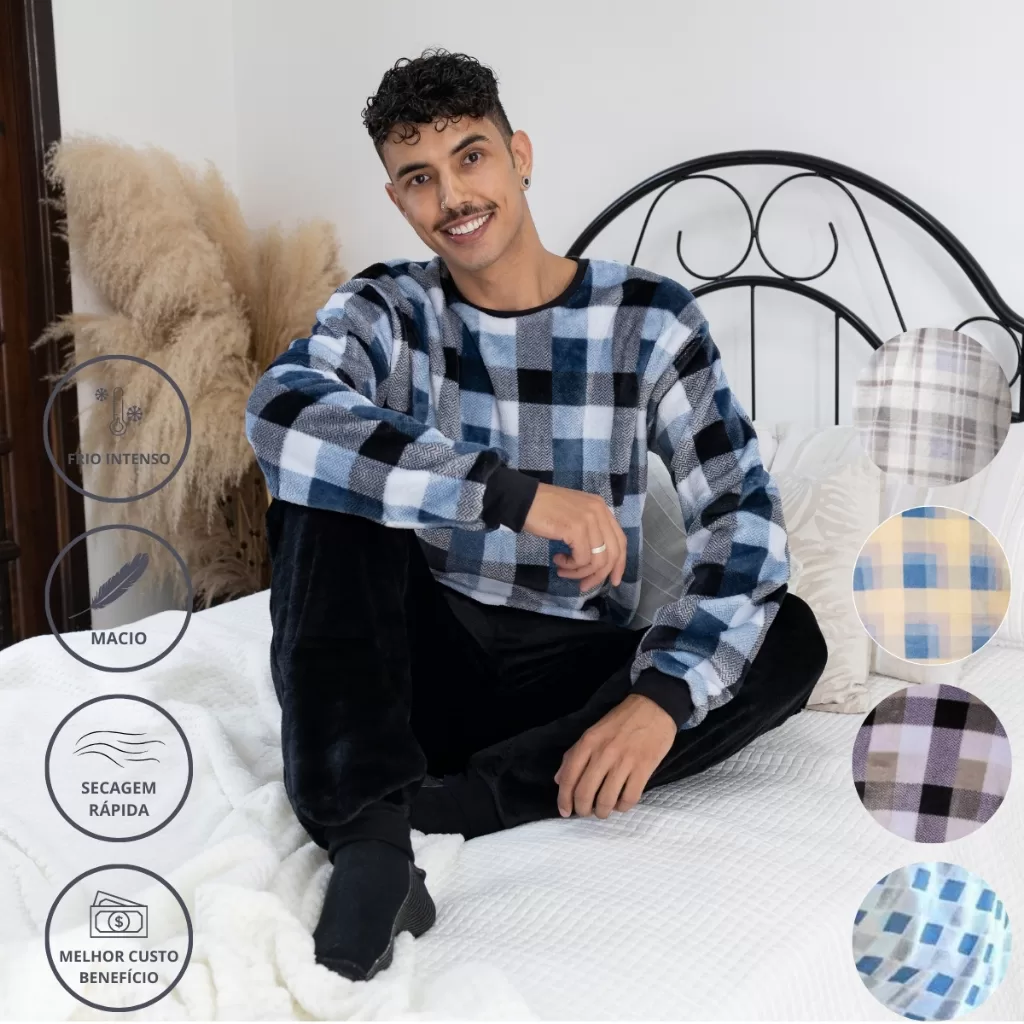 Pijama Inverno Adulto Moletom Soft Plush Quentinho O Melhor Masculino Xadrez