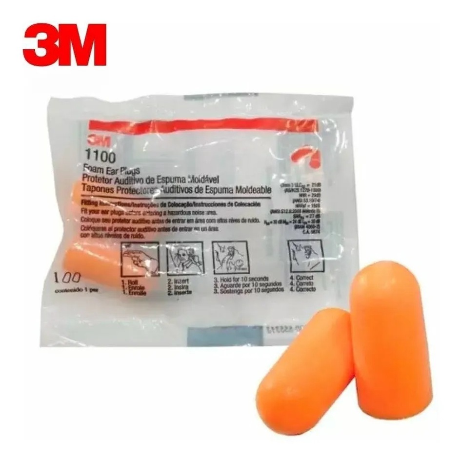Par de Protetor Auditivo 3M 110 de Espuma Moldável com Cordão Laranja