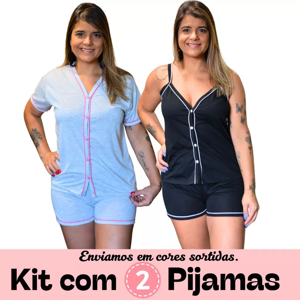KIt com 2 Pijama Baby Doll Amamentação (1 Alcinha + 1 Meia Manga) de Malha Cores Sortidas com Botões