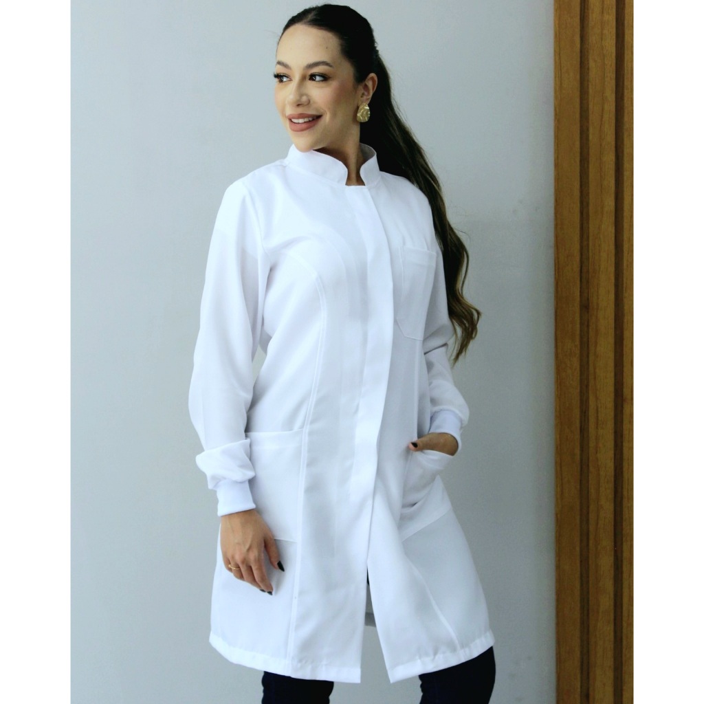 Jaleco Feminino Oxford Branco, Botão Embutido Com Punho Acinturado Dentista Acadêmica Avental