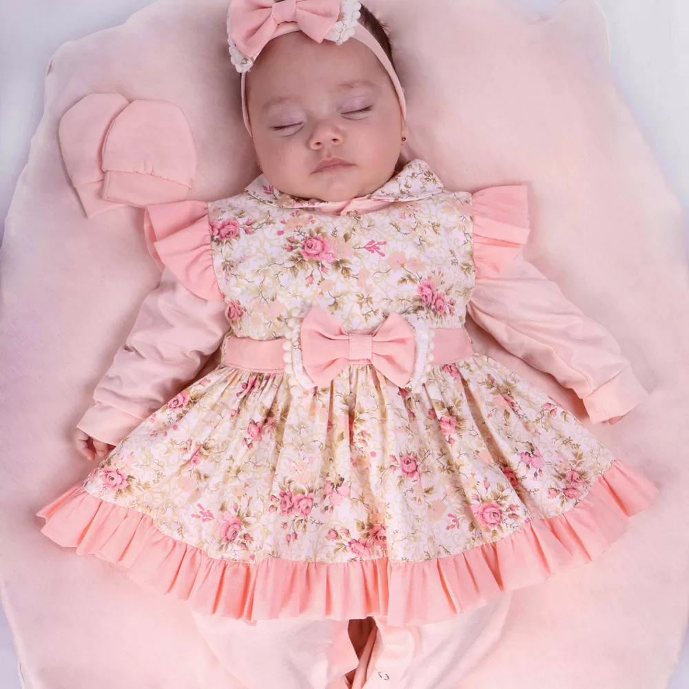 Saida Maternidade Roupinha Para Bebê Menina Pompom Kit 5 Peças Vestido Recem Nascido RN 100% Algodao