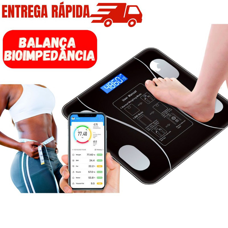 Balança Digital Corporal Bioimpedância Bluetooth Inteligente 12 Funções Imc Gordura Até 180kg