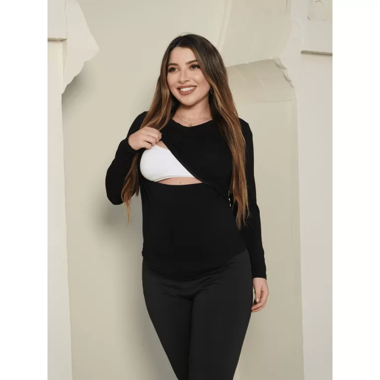 Blusa amamentação manga longa gola em V blusinha