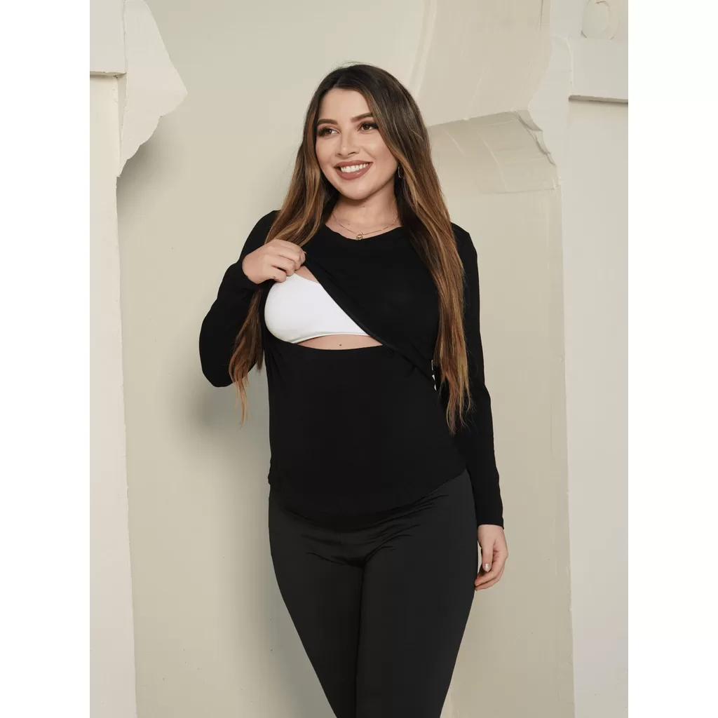 Blusa amamentação manga longa gola em V blusinha gestante t-shirt grávida roupa maternidade meia est