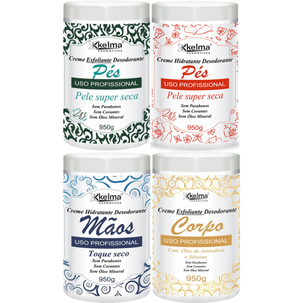KIT KELMA CREME ESFOLIANTE PÉS + CREME HIDR. PÉS + CREME HIDR. MÃOS + CREME ESFOLIANTE CORPO 950G