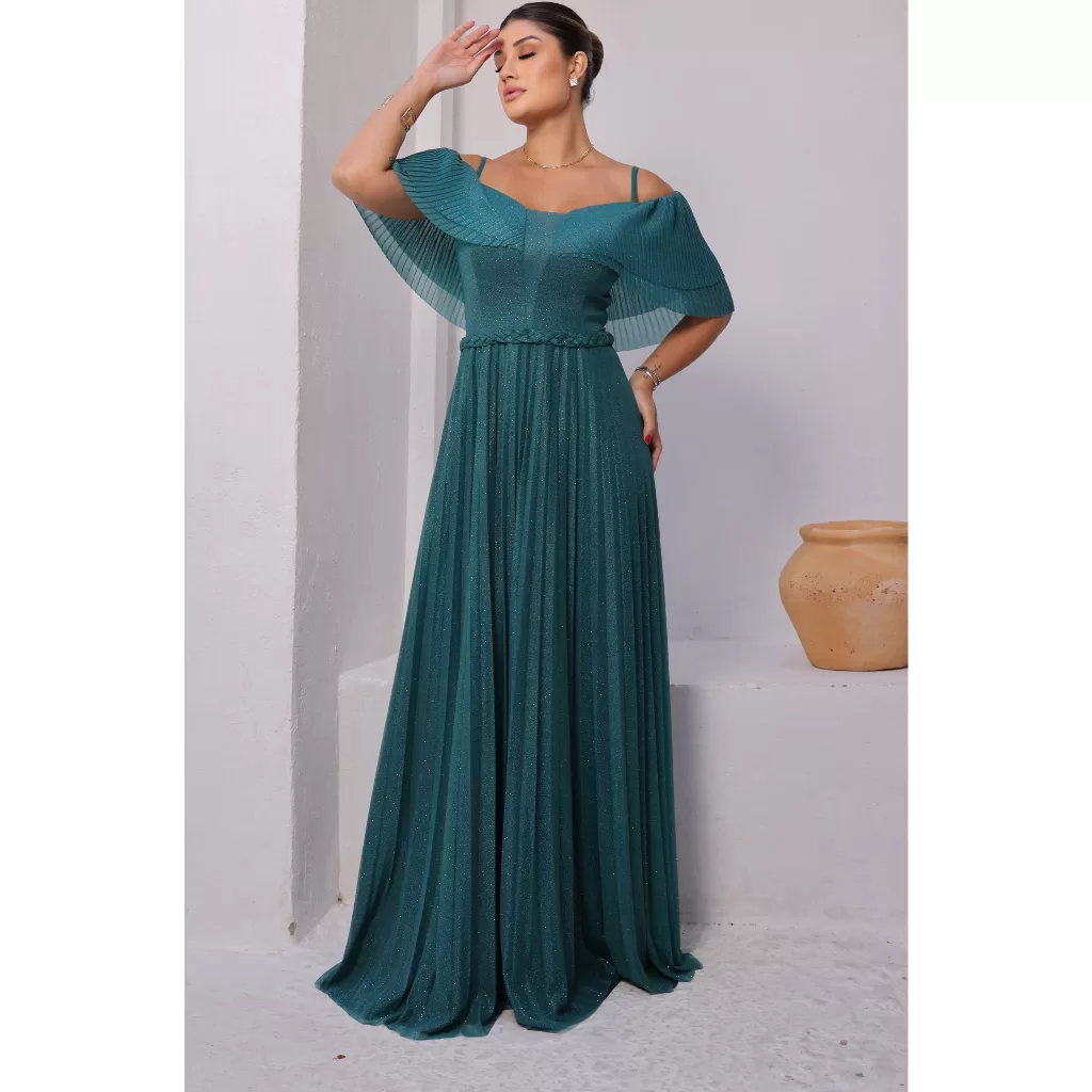 Vestido Feminino Longo de Festa Com Manga Ciganinha De Tule Plissado Luxuoso Casamento Madrinha
