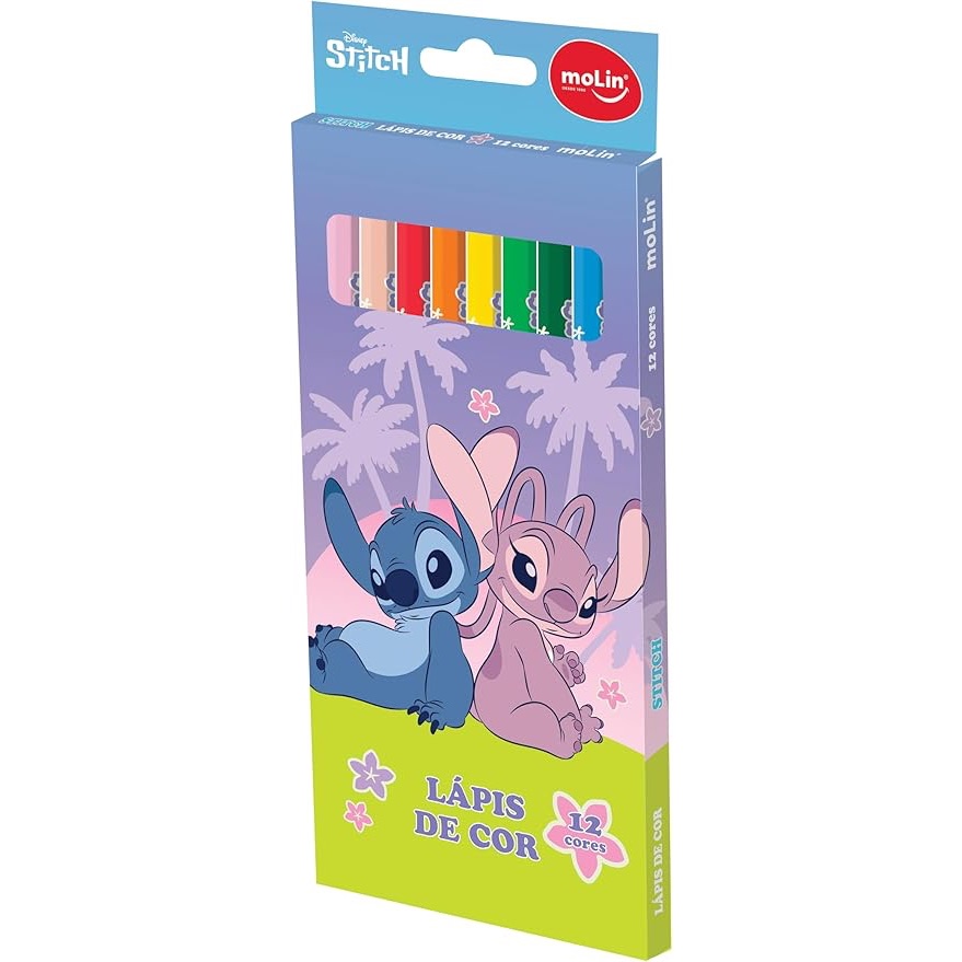 LÁPIS DE COR 12 CORES STITCH MOLIN / PAPELARIA FOFA KAWAII / MATERIAL ESCOLAR