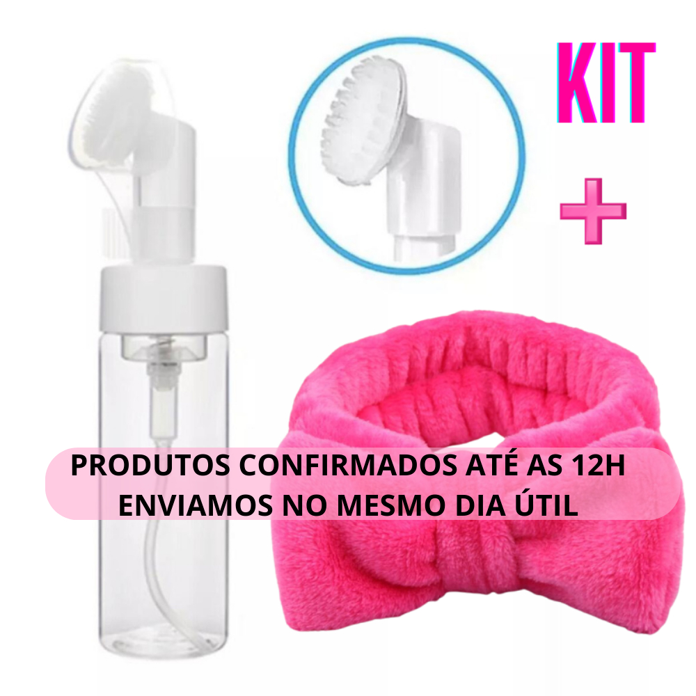 Kit Frasco Pump  100ml Masseageador Espuma Limpeza Facial + Faixa Laço de Cabelo Skin Care Maquiagem