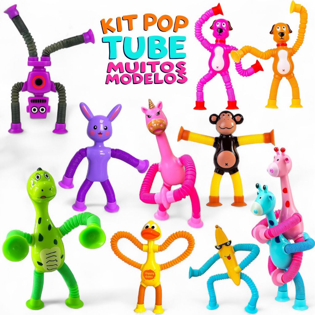 Kit 2 ou 4 Pop Tubo Tube Estica e Gruda Girafa Brinquedo Ventosa Infantil com Led Luz