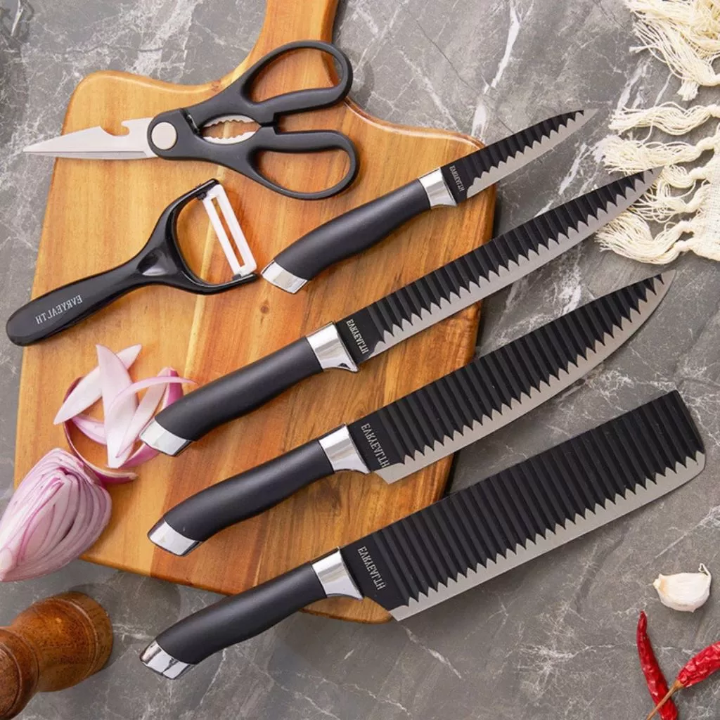 Kit 6 Peças Conjunto de Facas Aço Inoxidável Cozinha Chef Carne Legumes Tesoura Antiaderente Afiadas