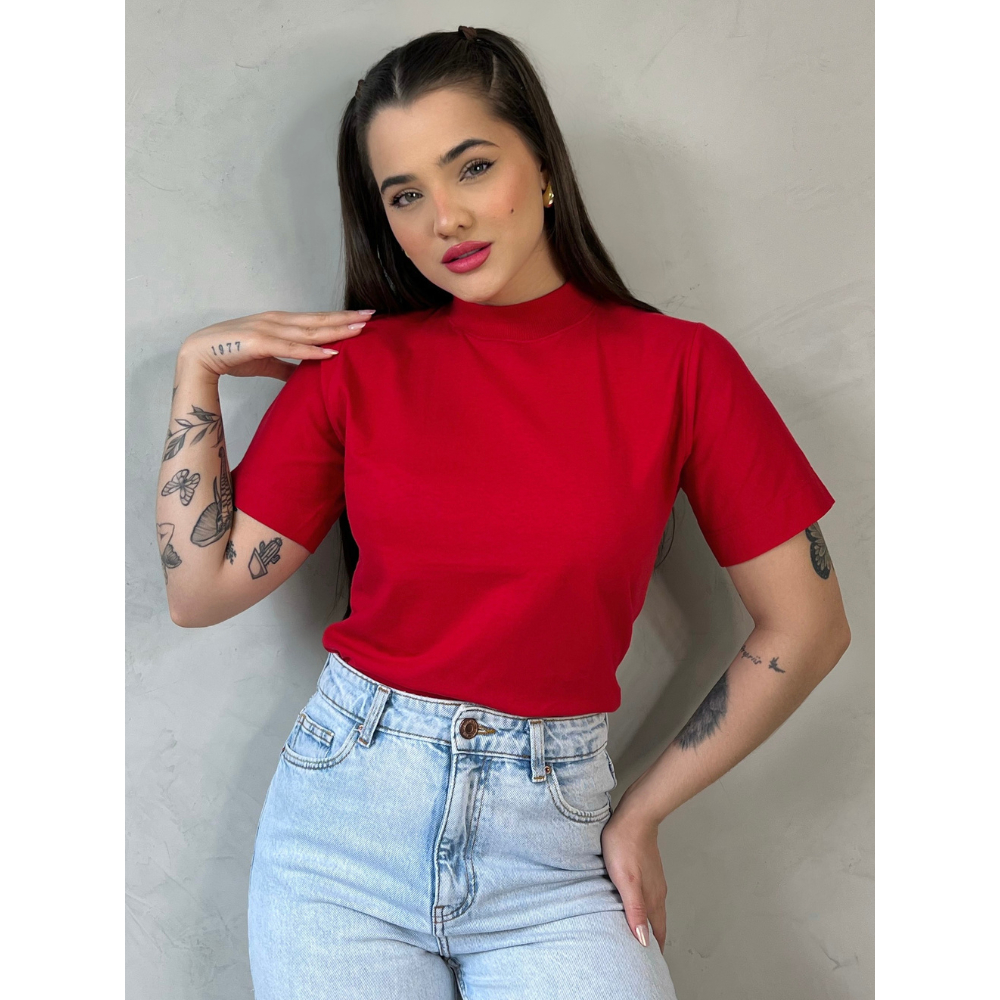 Blusas Gola Alta T-shirt Feminina Camiseta Básica Lisa 100% Algodão