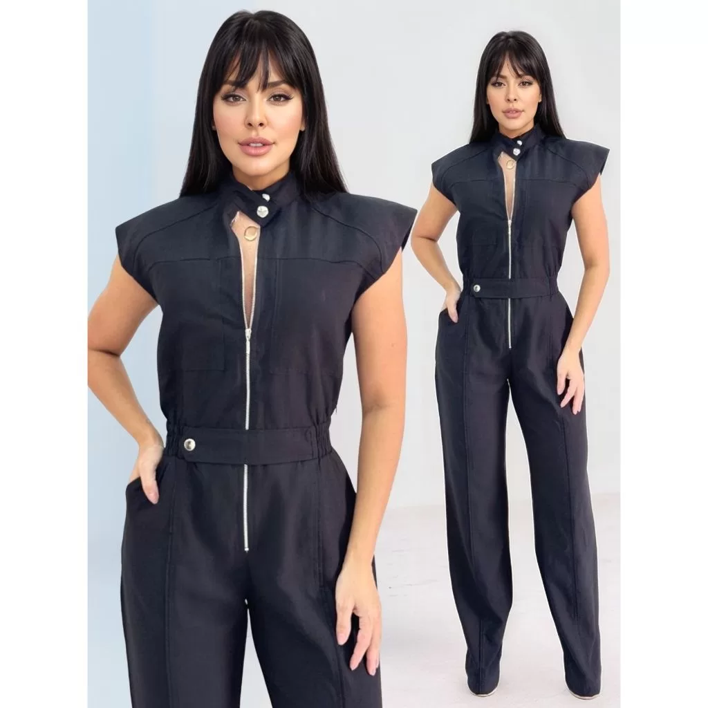 Macacão Feminino Cargo Longo Com Ziper Frontal Alfaiataria Elegante