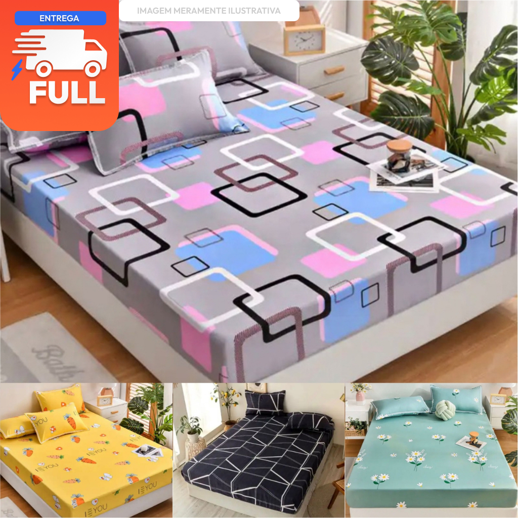 Jogo de Cama Lençol Com Elastico e Fronhas Solteiro Casal Padrão Queen King Size King Size 4 Peças