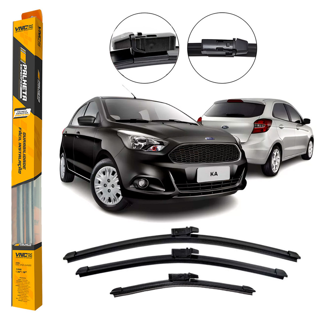 Kit 3 Palhetas Limpador de Parabrisa Dianteiro + Traseiro Novo Ford Ka 2013 2014 2015 2016 2017 2018