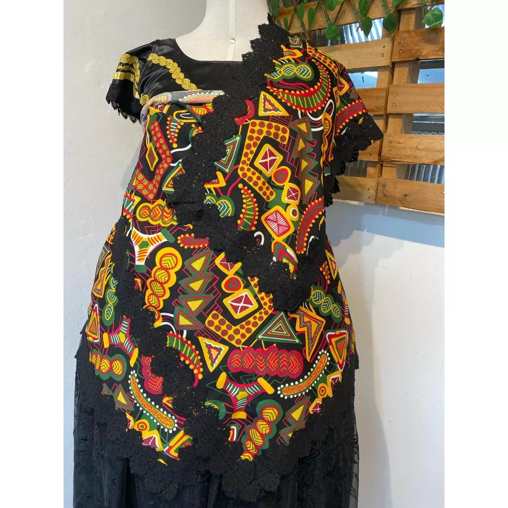 Conjunto pano de costa+ pano de cabeça colorido com renda