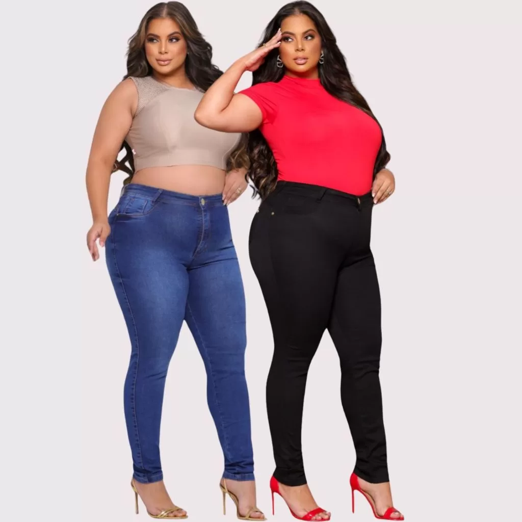 Kit 2 Calças Jeans Femininas Skinny Plus Size Cintura Alta Lycra Levanta Bumbum Modeladora Conforto