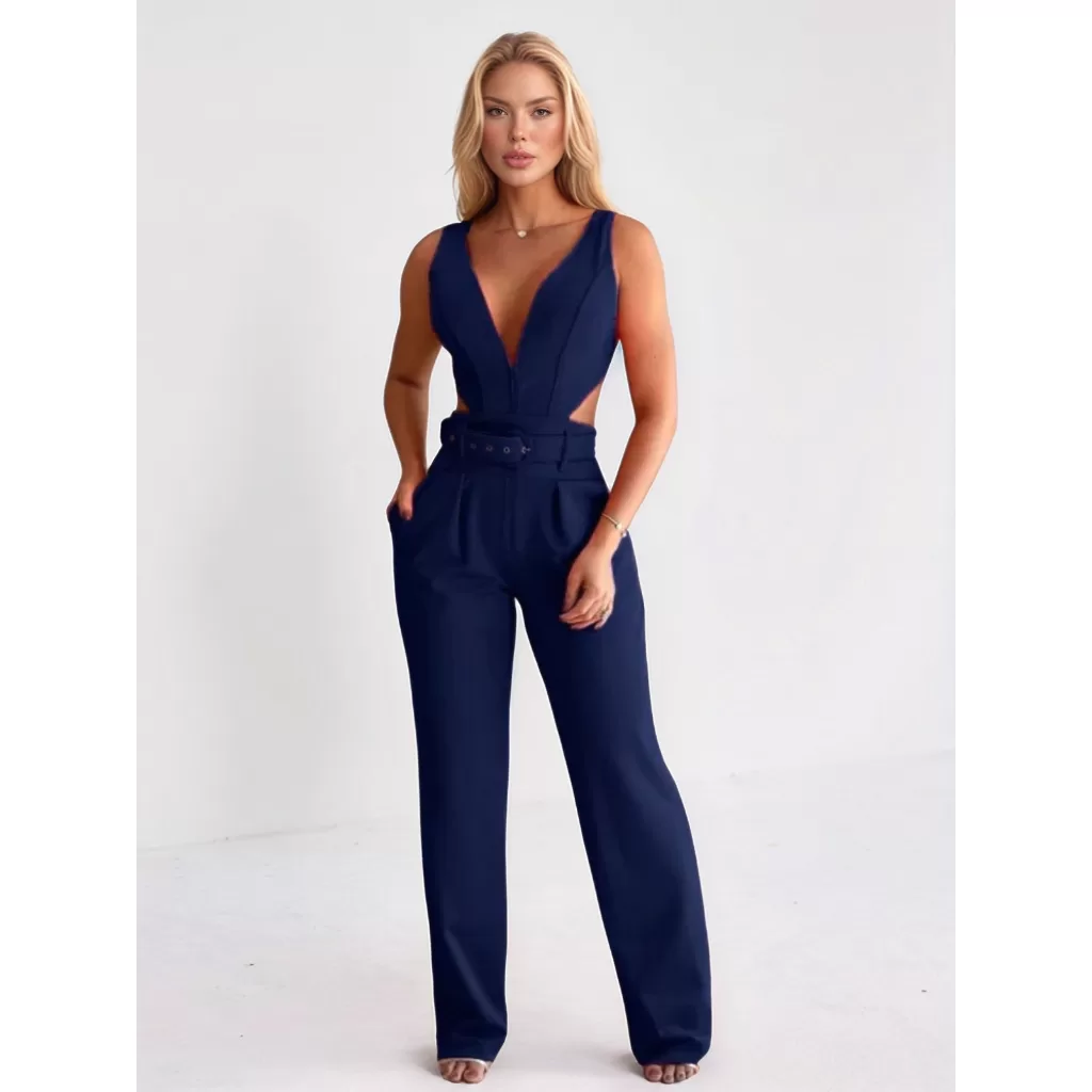 Macacão Feminino Montaria  Longo Decote Bojo Bolso Lateral Cinto Forrado Estruturado