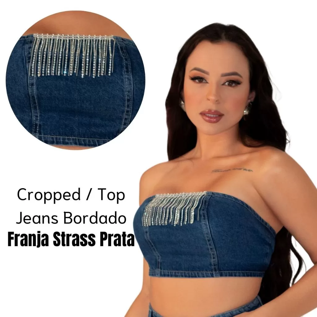 Cropped Top Jeans Feminino Bordado Franja Strass Sem Bojo Modelador Sem Elastano Brilho Luxo Ajuste