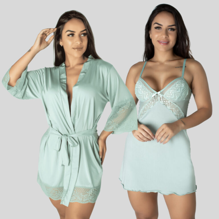 Kit Robe e Camisola Curto Luxo Renda Roupão Hobe 