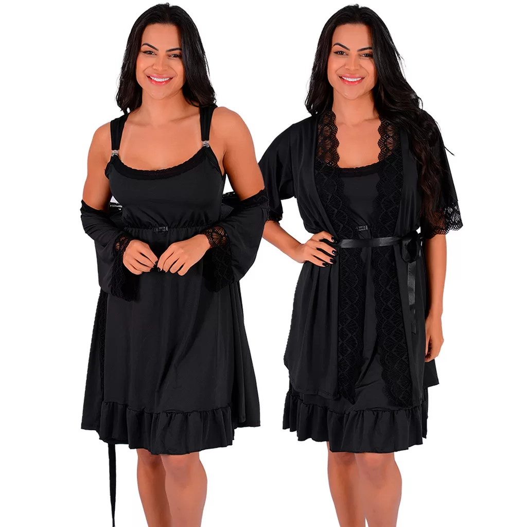Kit Camisola mais Robe Microfibra  Renda Conjunto Maternidade Moda Feminina | 184.850
