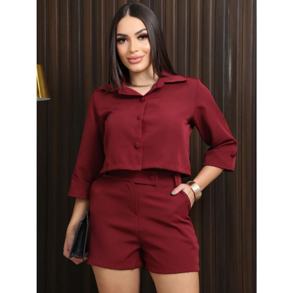 Conjunto Feminino Alfaiataria Elegante Social Short e Blusa Marrom Neutros Casual Outono