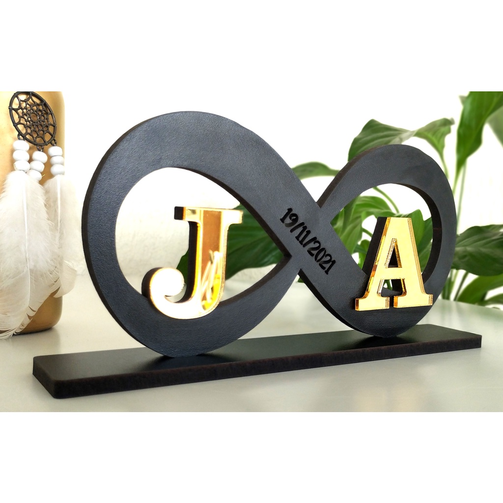 Presente Infinito Casal Preto Mdf 6mm Iniciais Acrílico Espelhado Data de Namoro Dia Dos Namorados