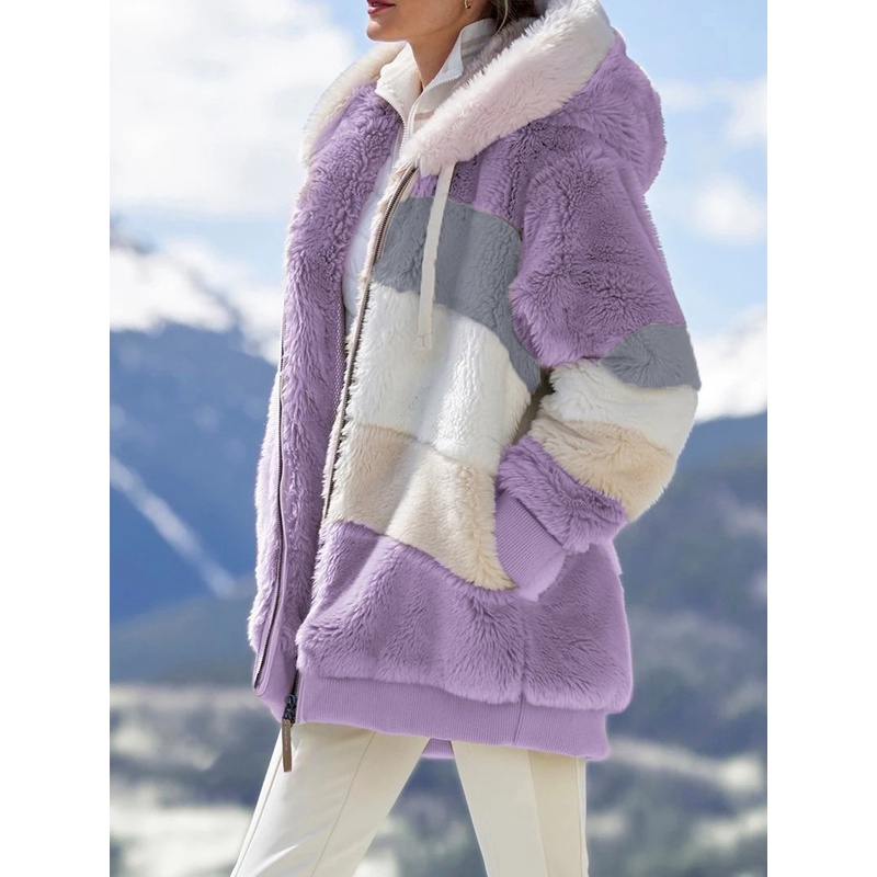Jaqueta Feminina Com Capuz De Pelúcia Multicolorida Para Outono/Inverno
