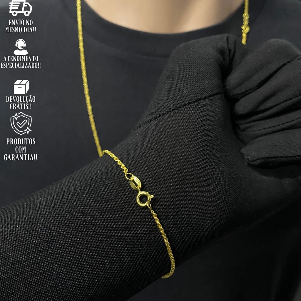 Kit Corrente Masculina Baiano 70cm Banhado a Ouro 24k Pulseira Baiano Fina